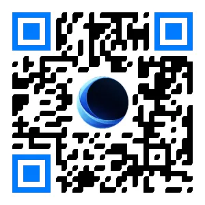 A QR code with blue branded finder patterns and a logo mark at its centre
